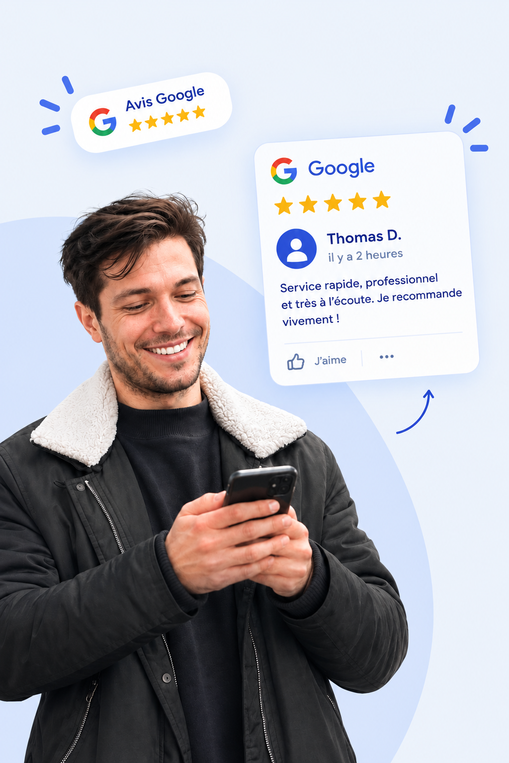 Client laissant un avis Google 5 étoiles sur son téléphone après son passage au garage