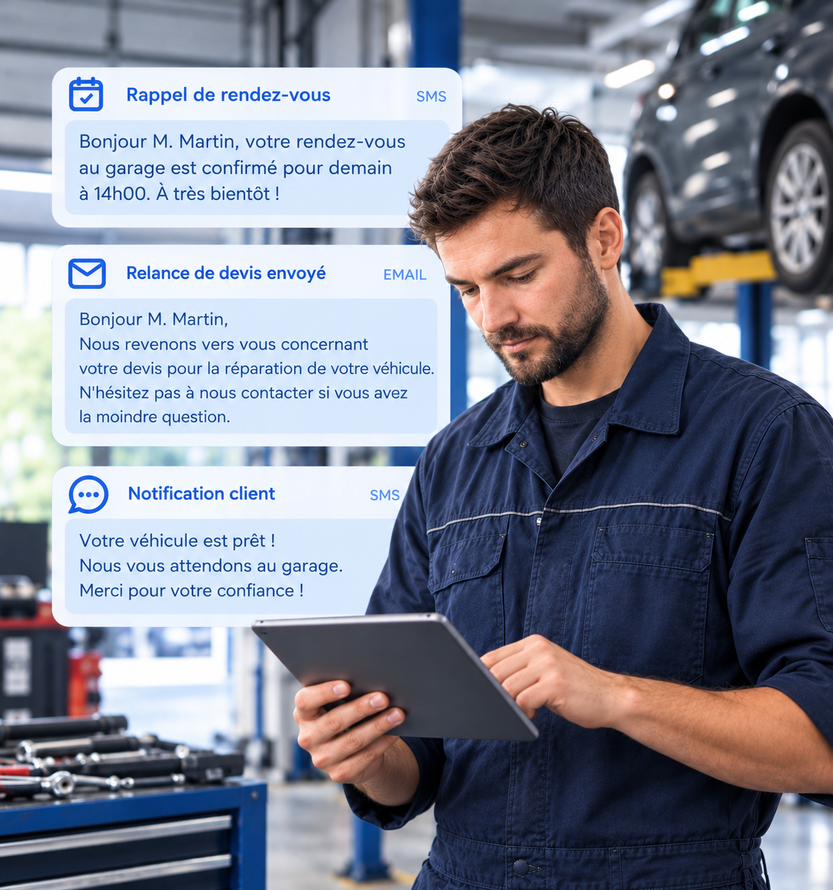 Mécanicien consultant sur tablette les rappels de rendez-vous, relances de devis et notifications clients envoyés automatiquement